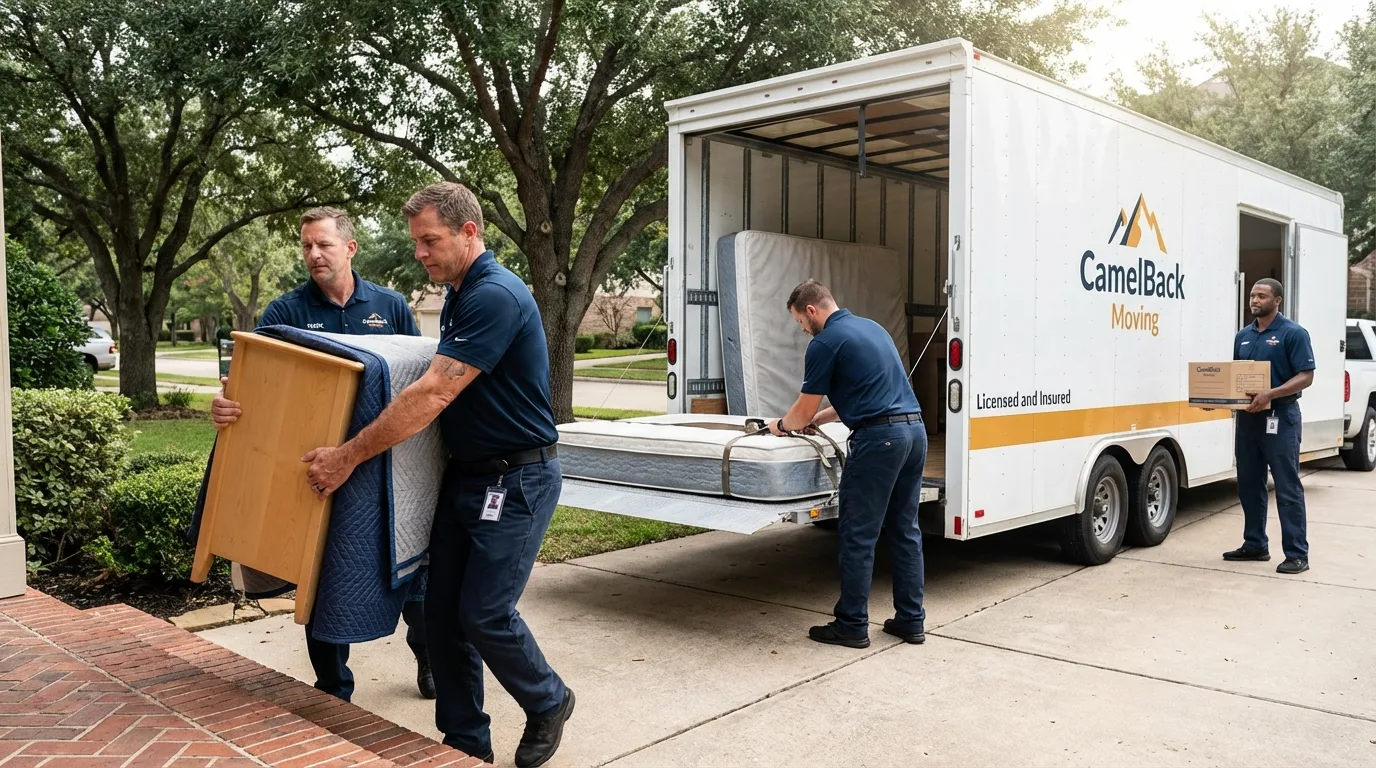 Crew loading residential truck for cross-state move from Collinsville, TX