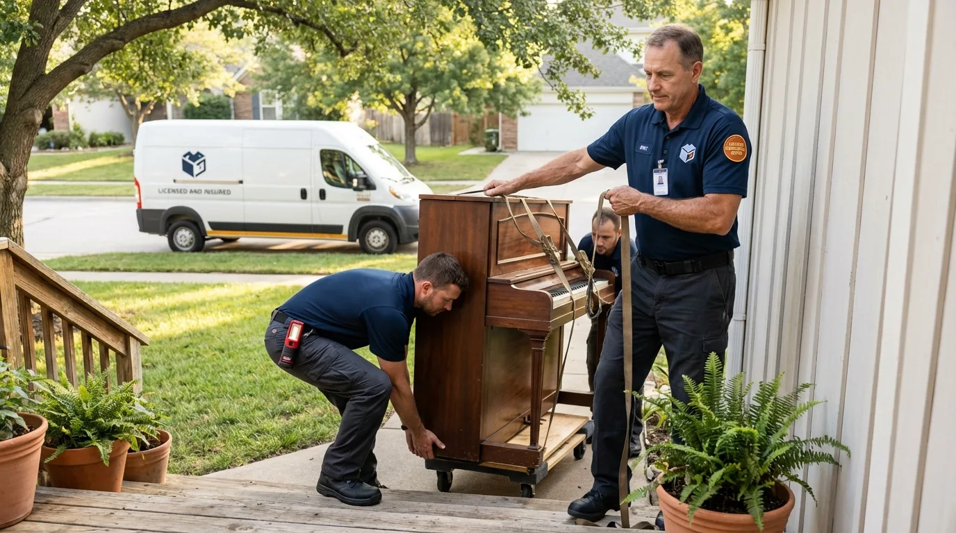 Licensed piano movers securing grand piano in Collinsville, TX