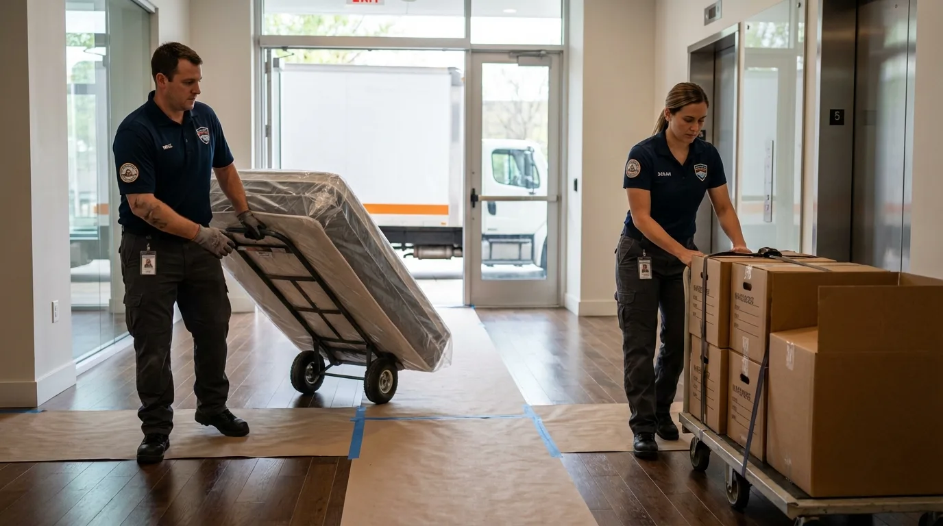 Professional apartment movers loading elevator in Collinsville, TX